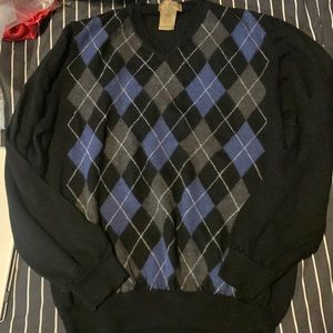 MARIO Gilberti Italy Mens Wool Sweater Large Black/ Blue V-Neck Pullover